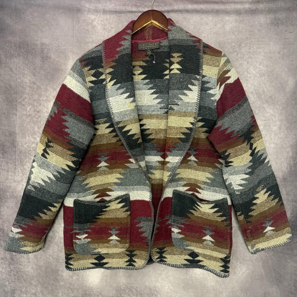 Vintage Karen‎ Kane Sweater Womens Medium Shawl Knit Cardigan Aztec Made in USA
